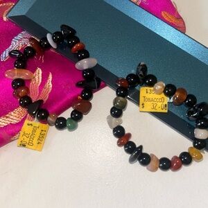 NWT Set of 2 Boho Multicolor Stone Beaded Bracelets Vintage Jade Onyx Tigers Eye